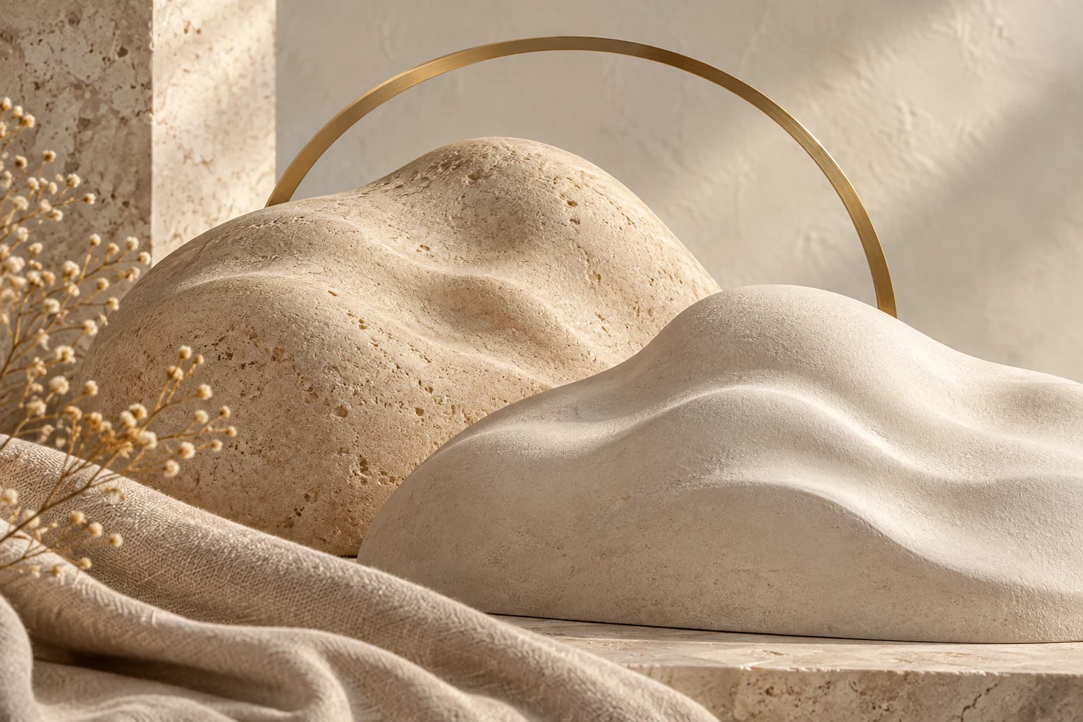 Composição de formas onduladas em pedra e porcelana com texturas naturais